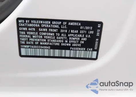 2012 Volkswagen Passat Se z USA, uszkodzony, nr VIN 1VWBP7A3XCC043542